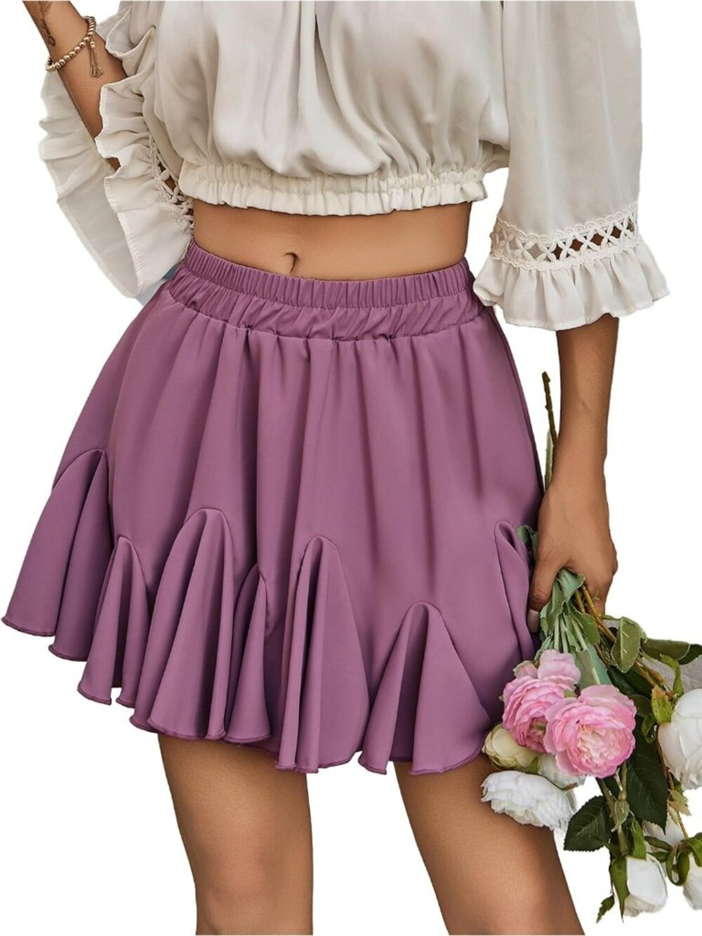 Women Purple Polyester Pleated Flared Ruffle Elastic Waistband Mini Skater Skirt